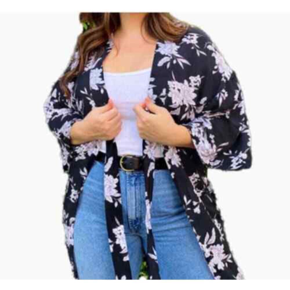 Spiritual Gangster Womens Black White Tie Front Kimono Blouse Pockets OS Floral
